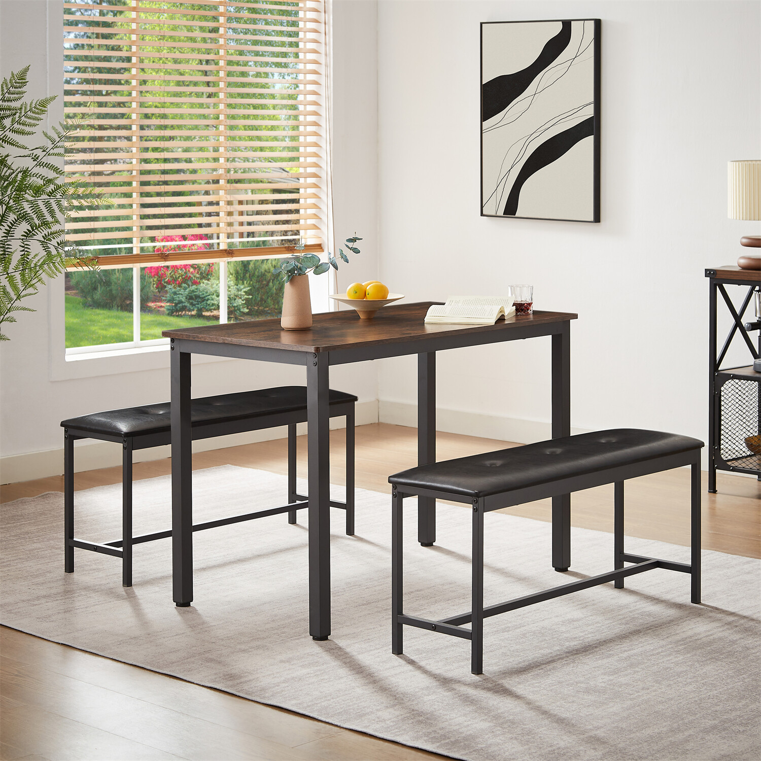 3 Piece Dining Table Set Table with 2 Benches Kitchen Breakfast Furniture US