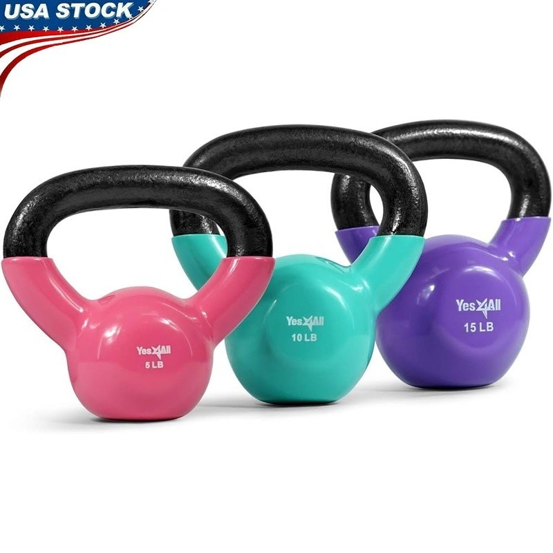 Cast Iron Kettlebell Set 5lb 10lb 15lb Durable Coating Wide Handle Fitness New