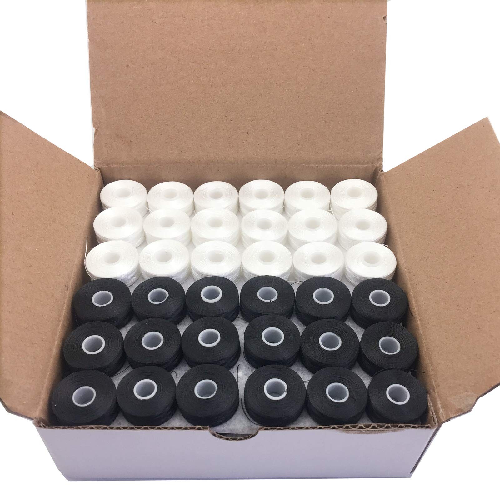 Prewound Bobbin Thread, Sideless, 144pcs Type L Size (SA155) (72White + 72Bla...