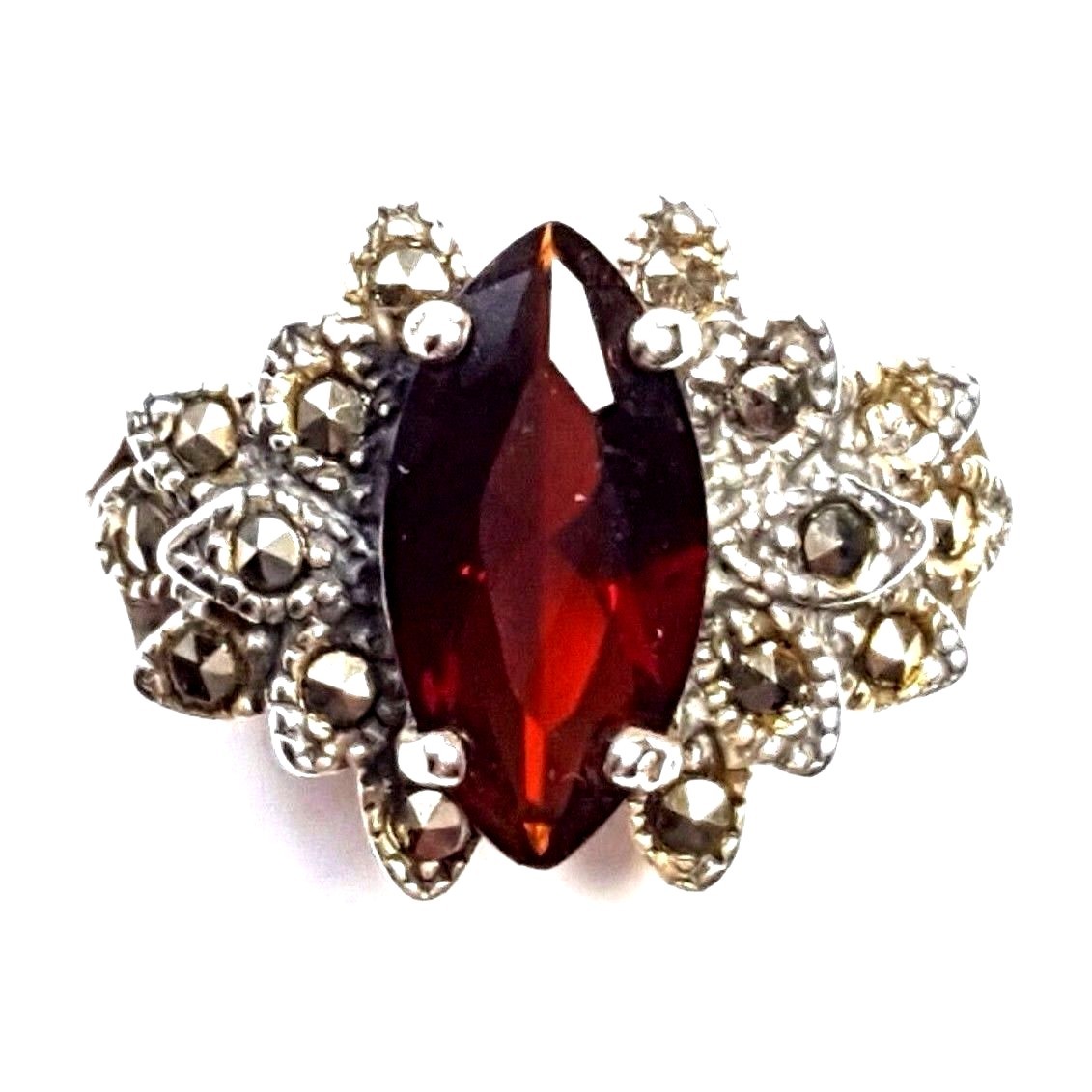 (SIZE 6) GARNET Stone RING Marquise-Cut Marcasite .925 STERLING SILVER