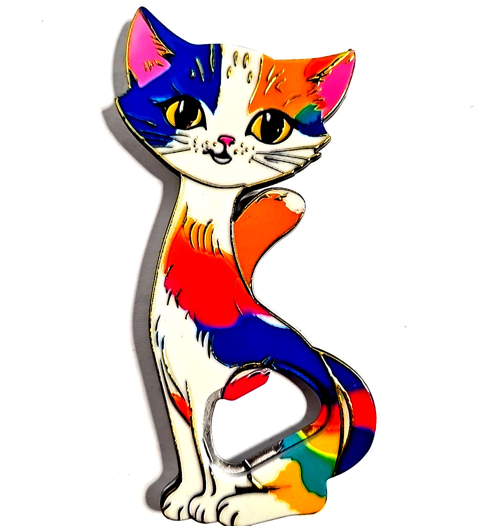 CAT BRIGHT COLORS Beer/Soda Bottle Opener Melamine/Steel @ 5" H w Magnet on Back