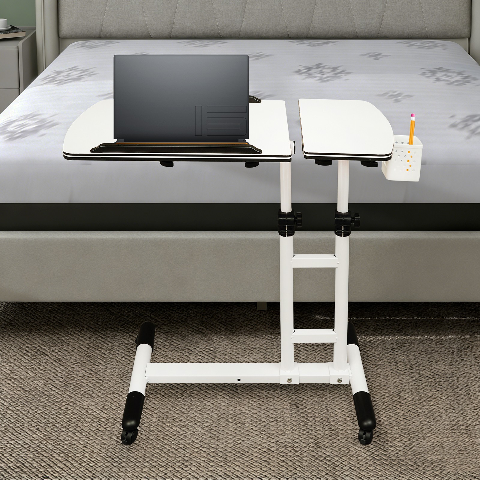 Side Table w/Wheels,Height Adjustable Computer Table,Free Standing Writing Table
