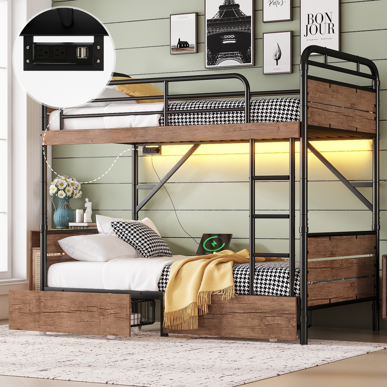 Twin XL over Twin XL Metal Bunk Bed Detachable Bed With LED/ 2 Storage Drawers