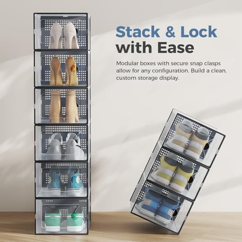 DUMOS Shoe Storage Boxes, 12-Pack Stackable Clear 12 PCS & Fit Size 9, Black