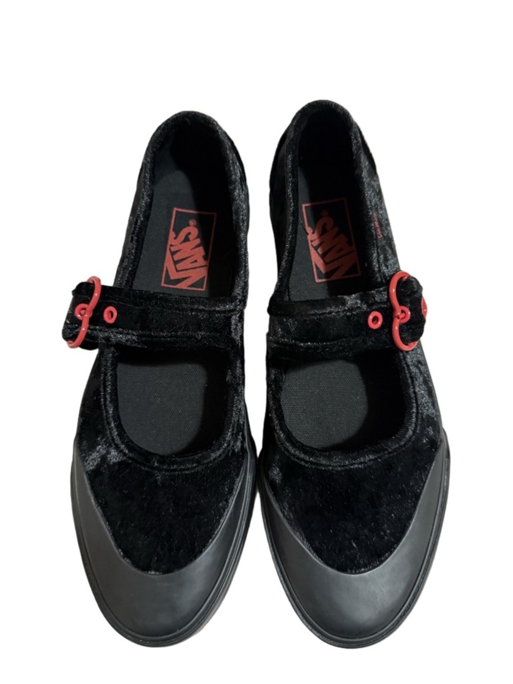 Vans Black Velvet Mary Jane Shoes with Red Heart Buckle