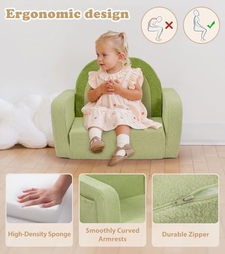 Kids Couch, 2-in-1 Soft Toddler Couch Fold Out with Medium Green Rainbow