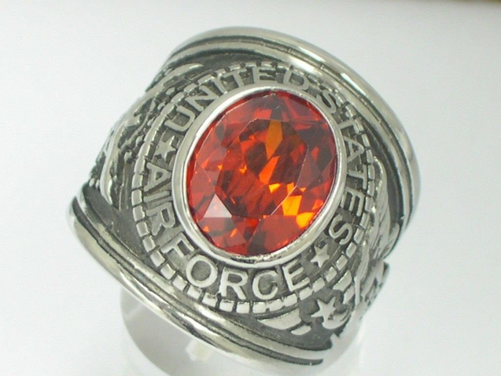 Stainless Steel United States Air Force Military Garnet Stone Men Ring Size 7-15