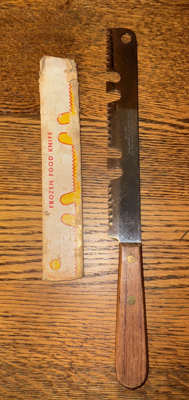 Vintage Frozen Food Knife~8” Stainless Blade~Wood Handle 12”~Original Sleeve~EUC