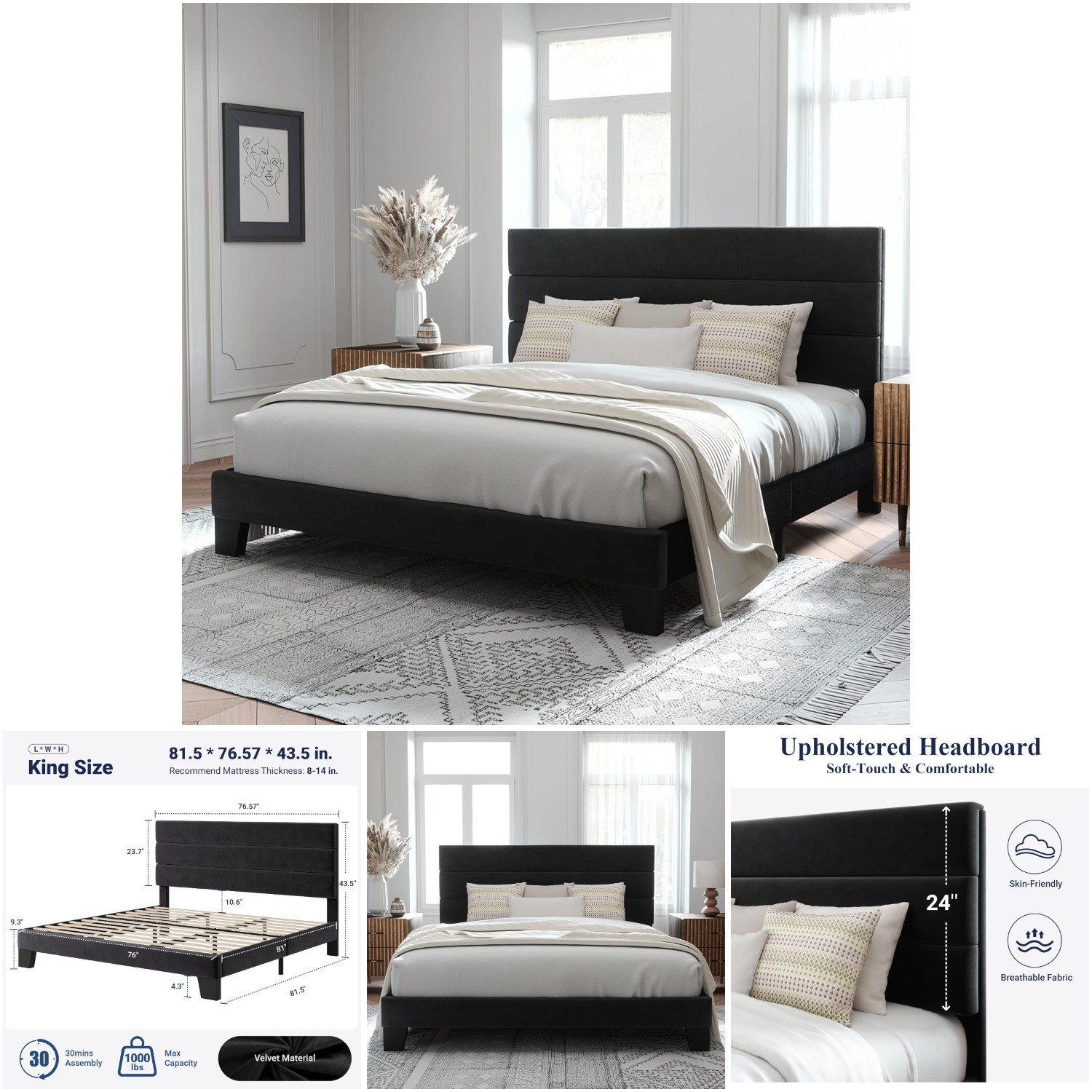 King Size Platform Bed Frame Velvet Headboard Wooden Slats Support Black