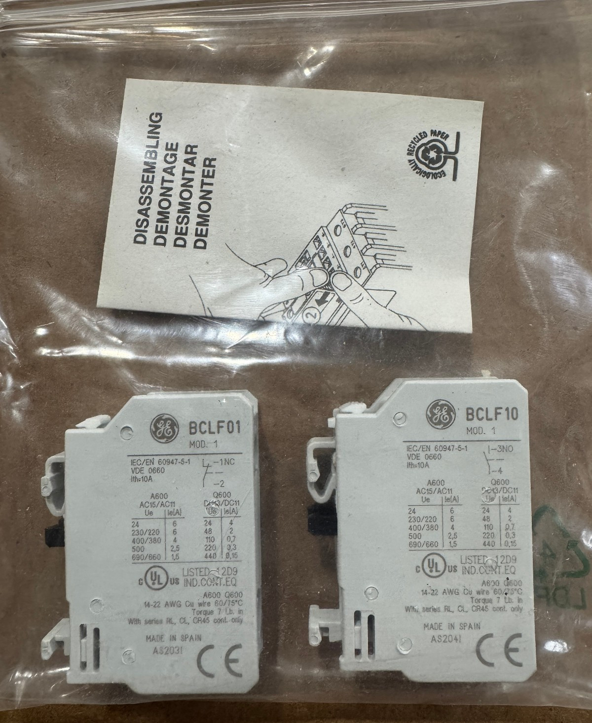 GE BCLF01 & BCLF10 Auxiliary Contack Blocks 1-N.C. & 3-N.O. New Free Shipping