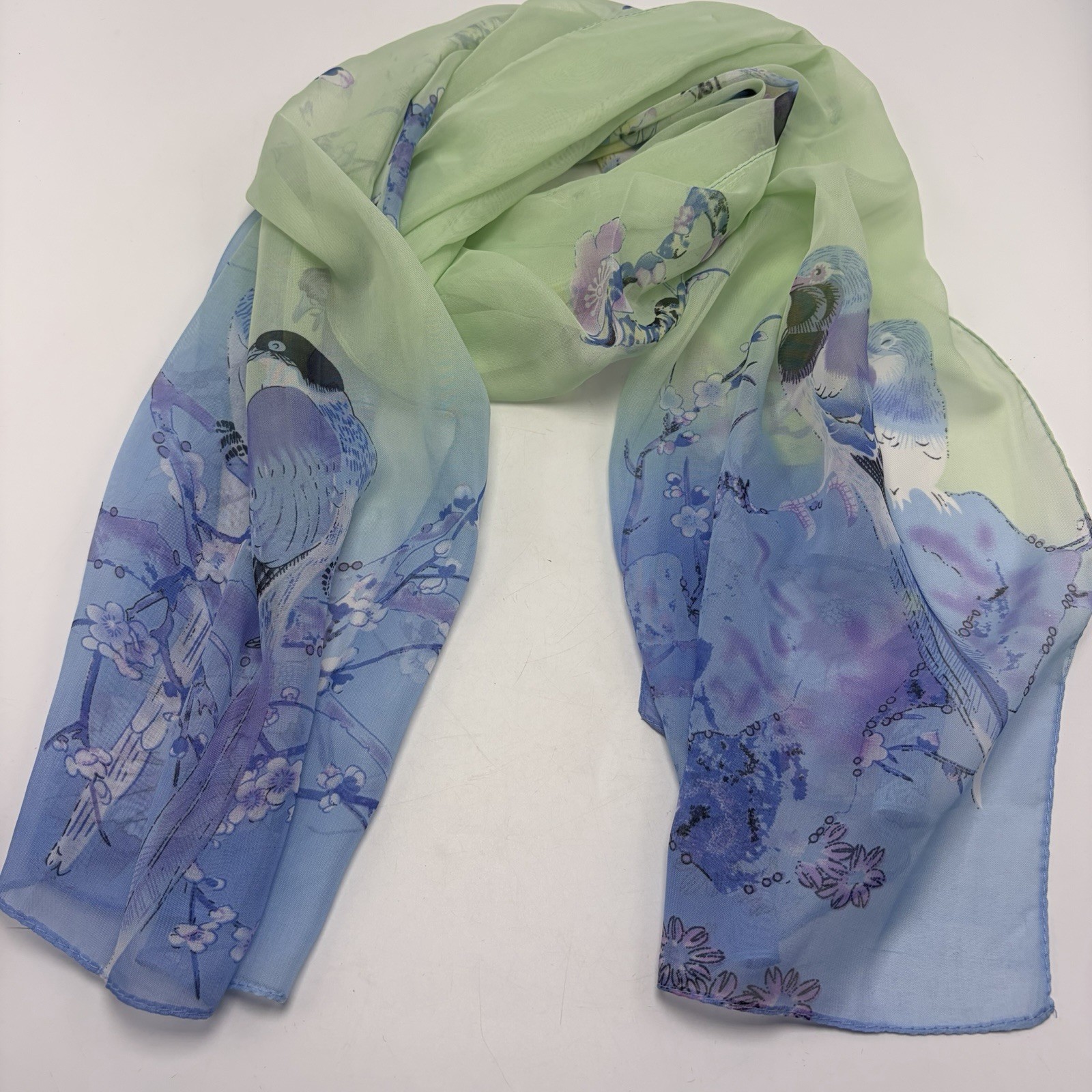 Semi Sheer Scarf Floral Bird Green Blue Chiffon Spring Summer Old Money