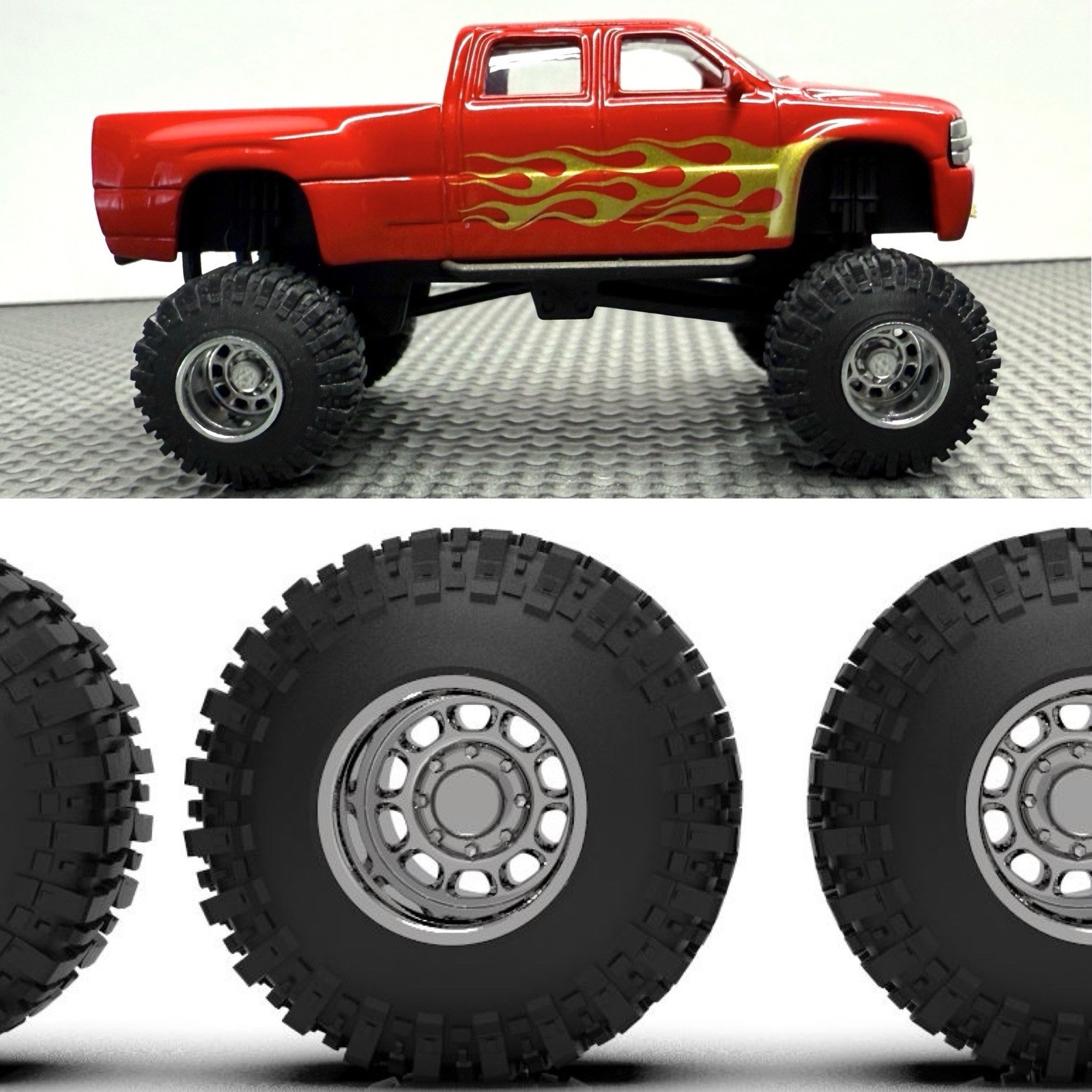 1:64 3D Printed 22mm Tall Tire Sidewinder Wheels On Streched Boggers