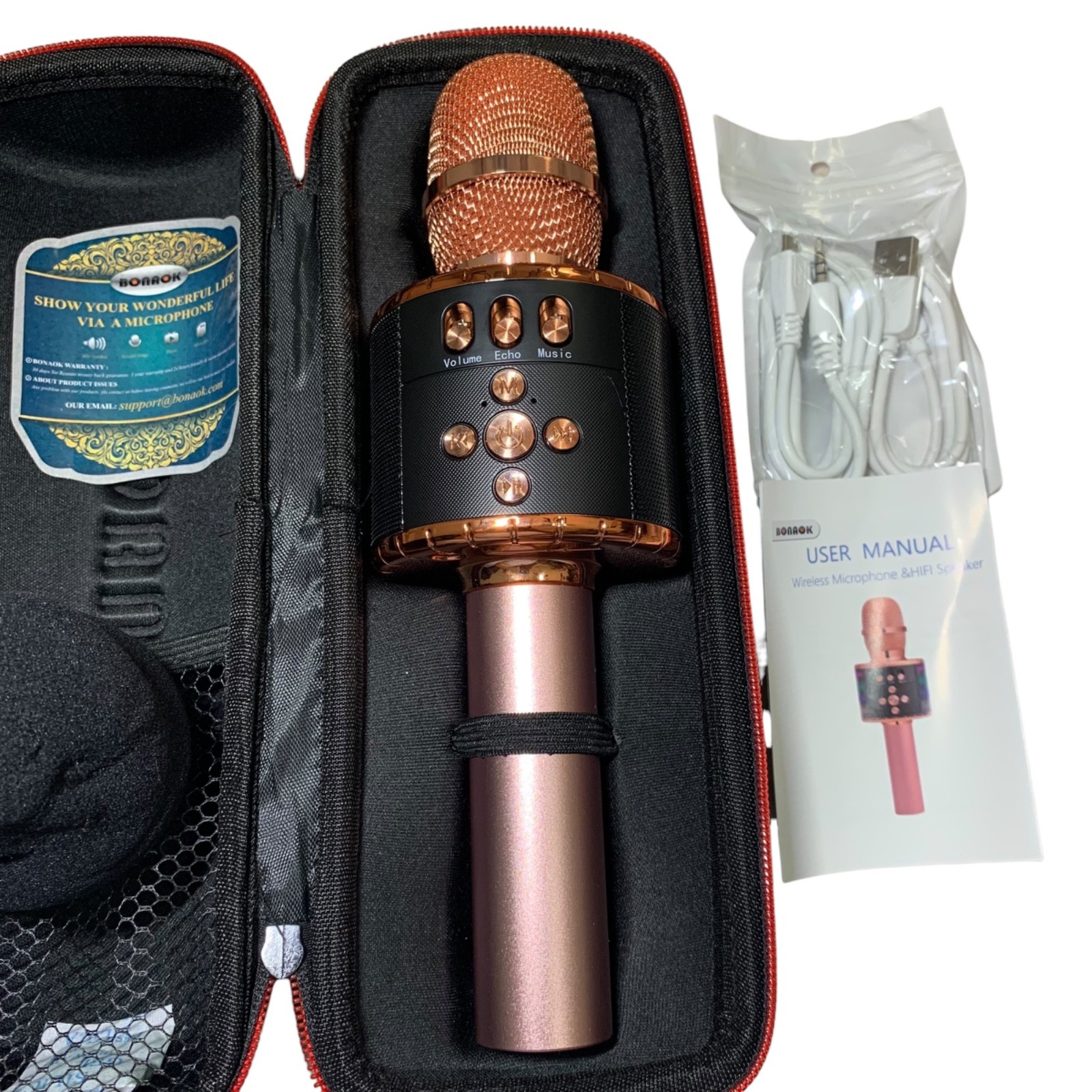 Bonaok Pink Wireless Bluetooth Karaoke Microphone Portable Handheld