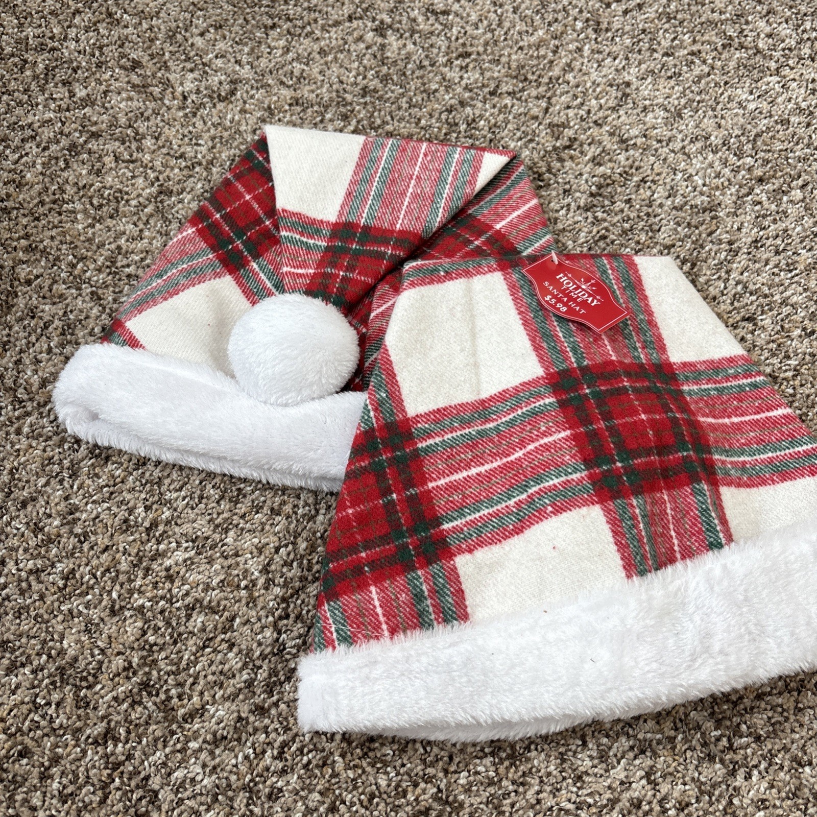 Set Of 2 Adult Unisex Plaid Santa Hat With White Pompom & fur Brim Christmas hat