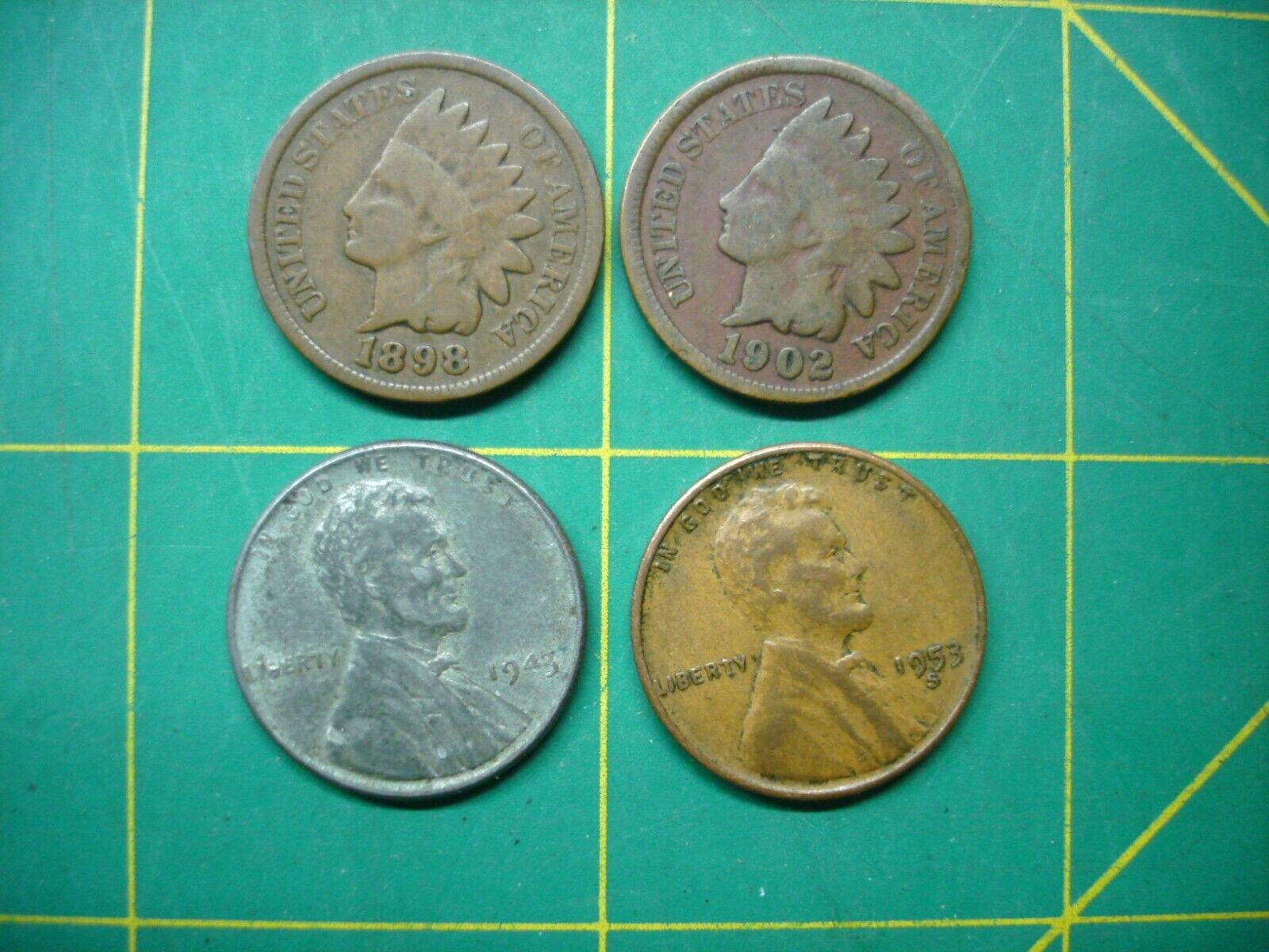 1800 & 1900 INDIAN HEAD CENTS WW2 STEEL CENT WHEAT CENT 4 US COINS ALL DATED
