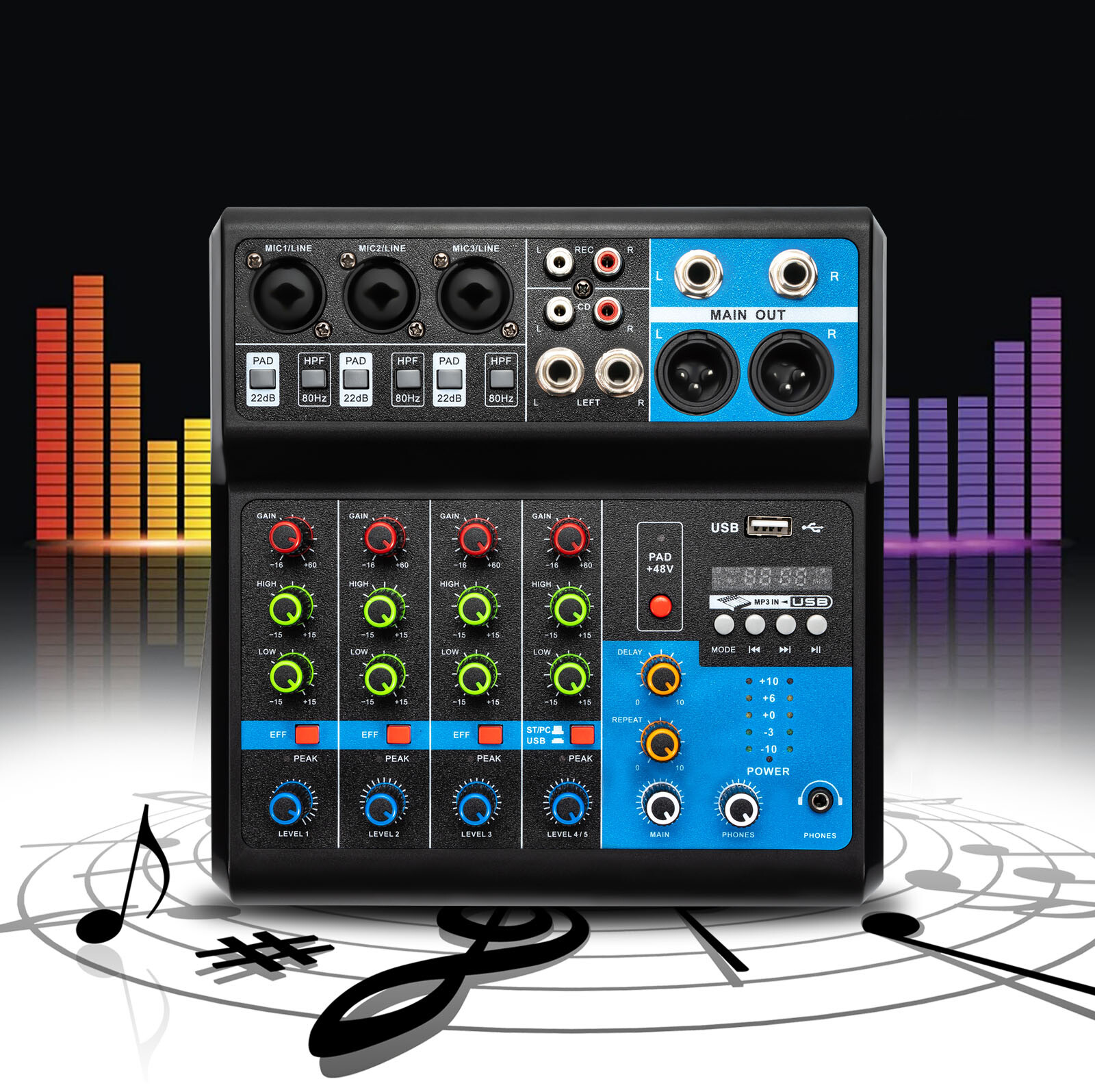 5-Channel Mixing Console Live Studio Audio Mixer Sound Board DJ USB Interface