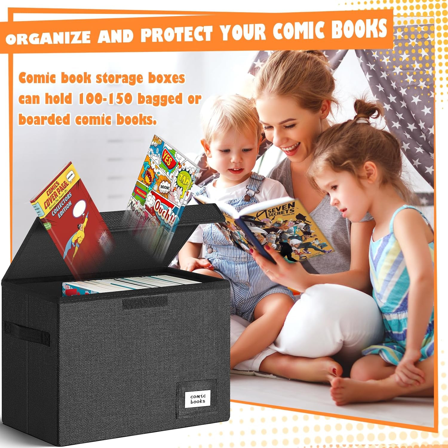 Heavy Duty Collapsible Comic Book Storage Box - Holds 150 Comics, Black