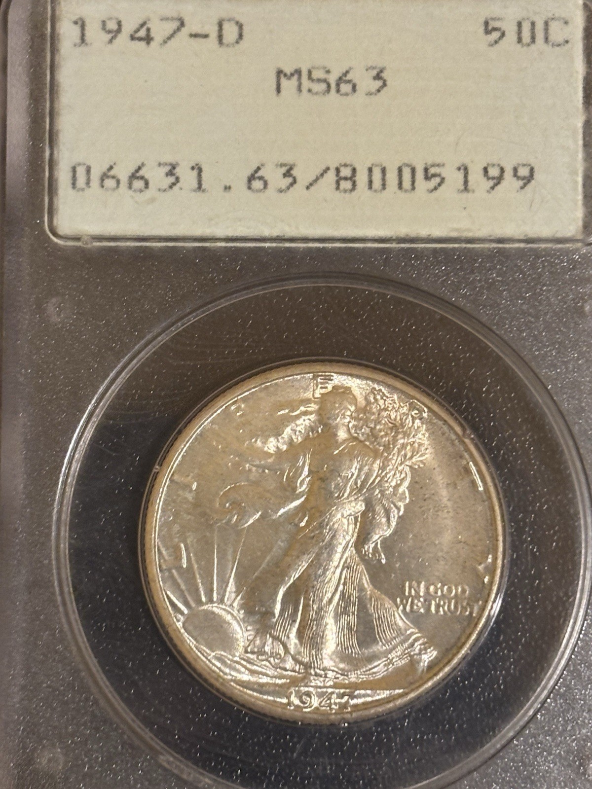 1947 D Walking Liberty Half RATTLER Holder PCGS MS 63 1st Generation OGH