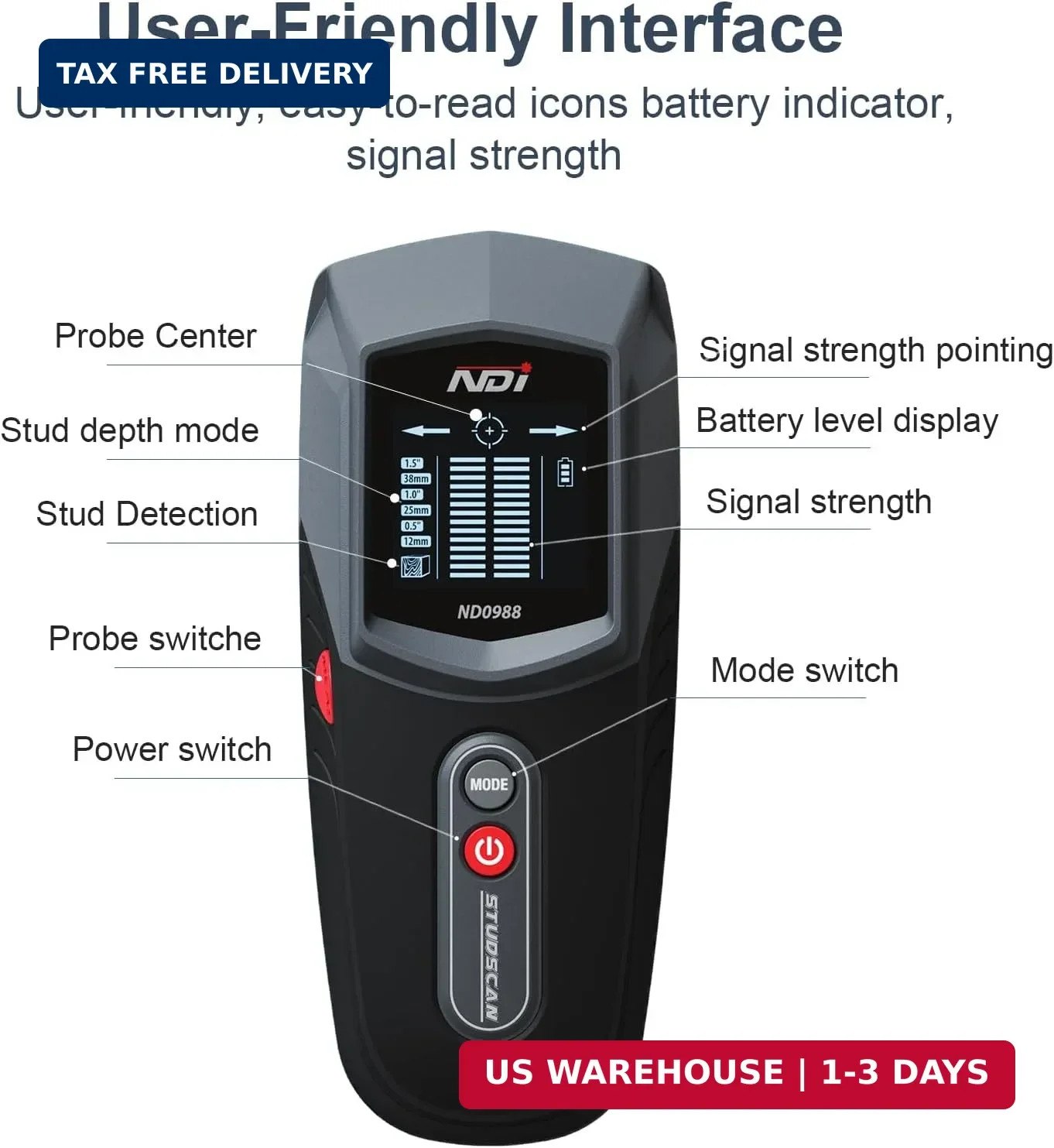 NDI ND0988 Stud Detector - Precise Wall Scanner for Wood Stud Detection with Mul