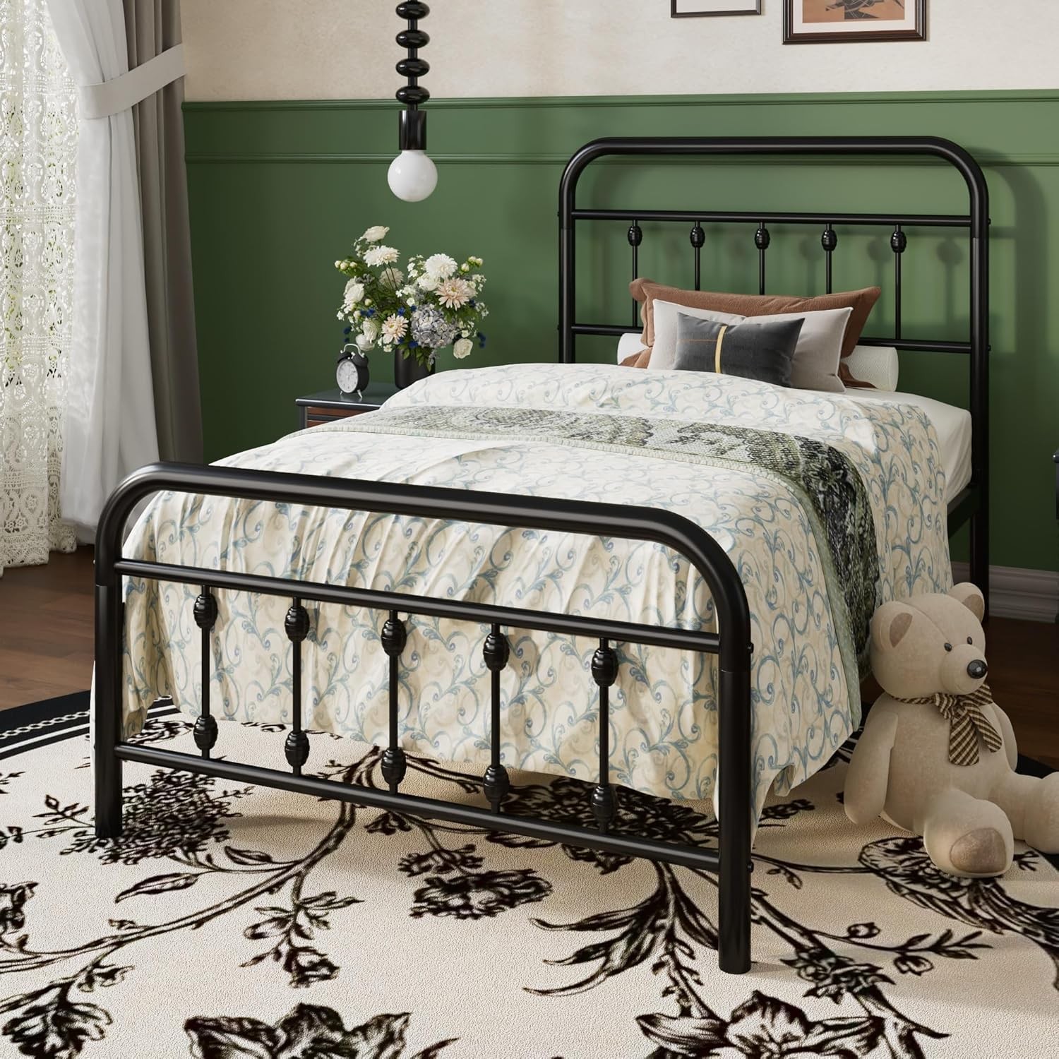 Twin Size Metal Platform Bed Frame W/ Victorian Style Iron-Art Headboard &