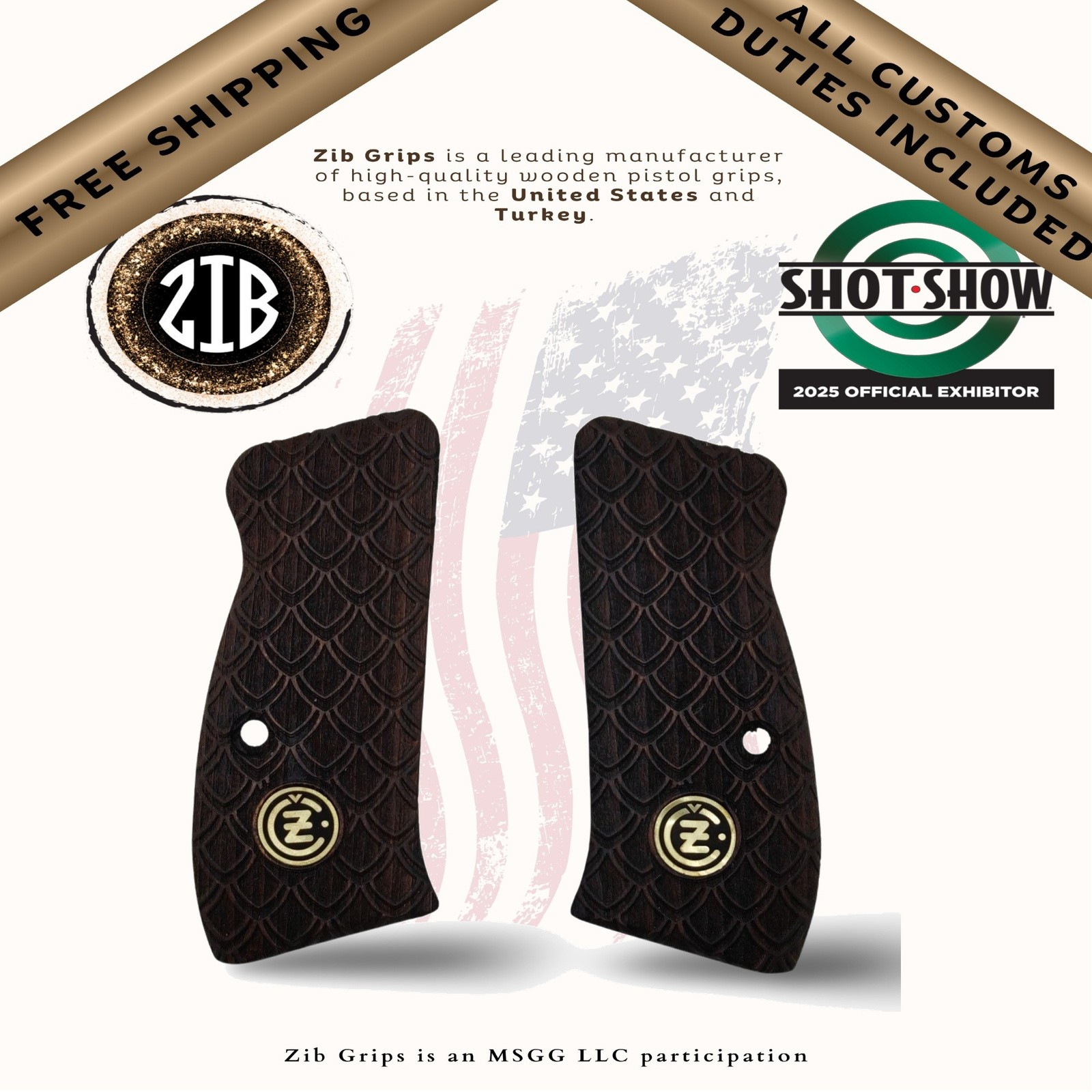 Zib Grips Wooden Series Pistol Grips for CZ COMPACT, Metal Medallion Logo
