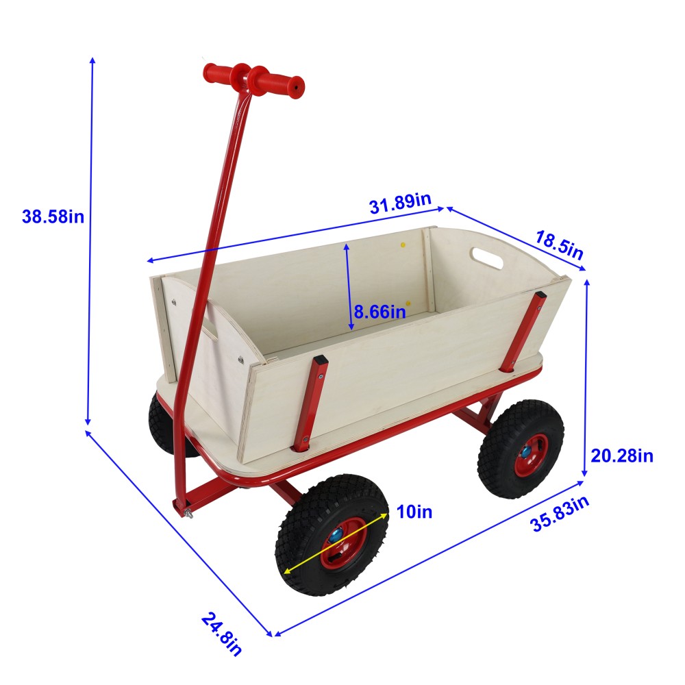 Kids Wooden Toy Wagon Red Outdoor Hauler - 260 lbs Load Capacity