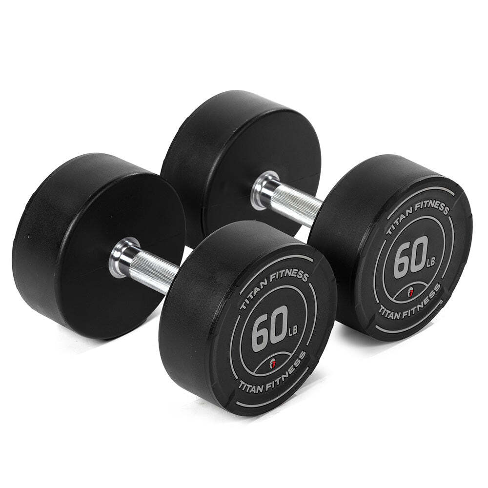 Titan Fitness 60 LB Set Round Urethane Dumbbells, Medium Volcano Knurling, 33mm