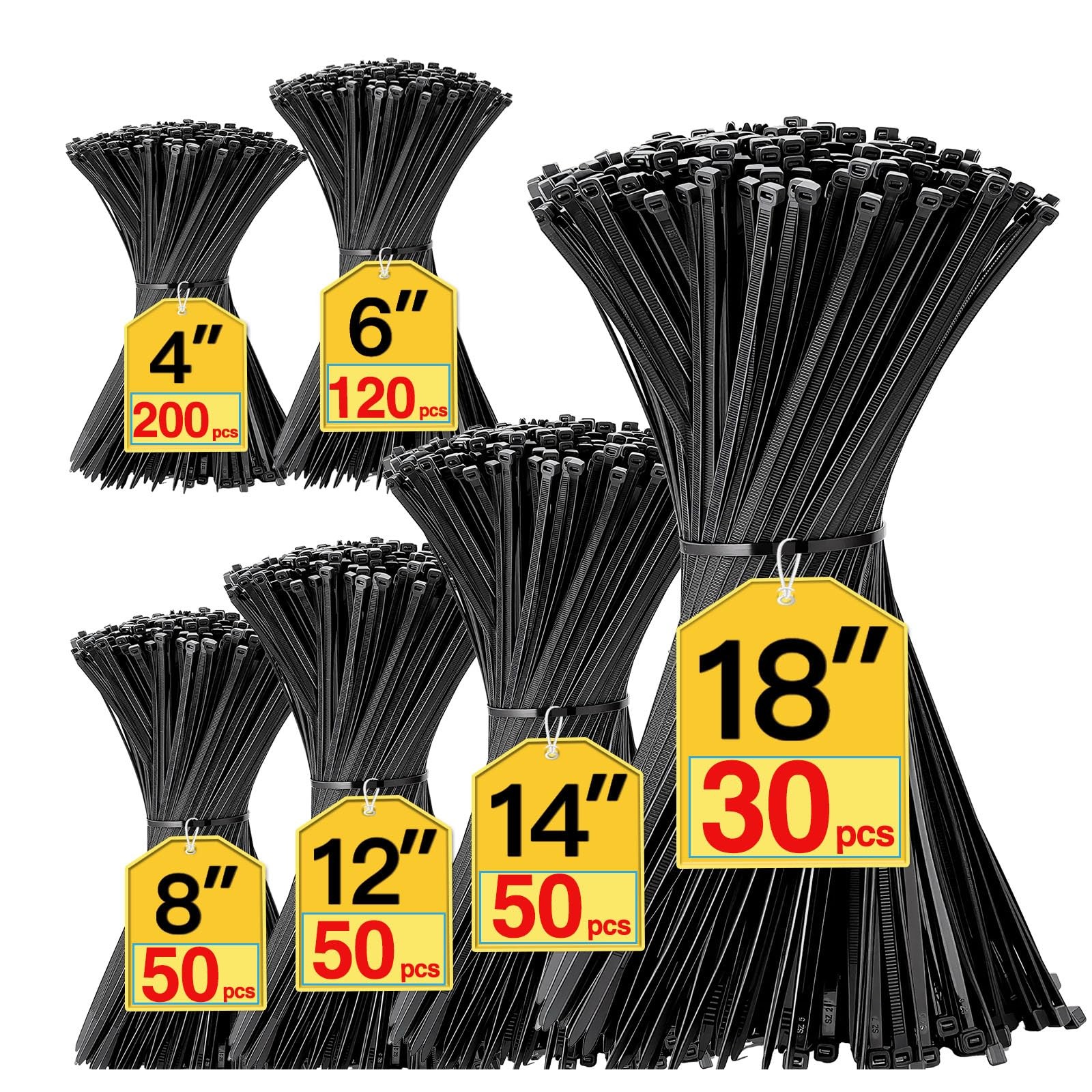 Black Zip Ties Assorted Sizes 4+6+8+12+14+18 inch, 500 Pack Cable Ties, UVRes...