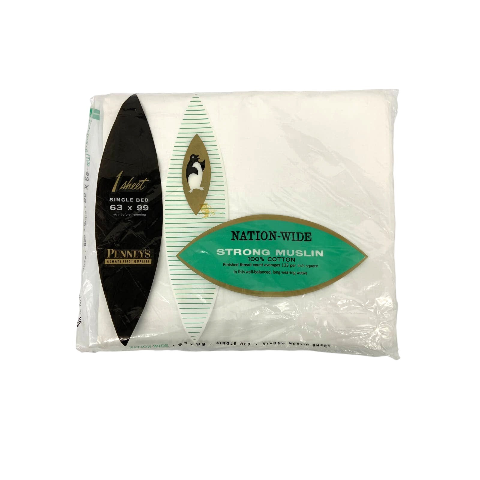 Penney's Nation-Wide Strong Muslin 100% Cotton  Bed Sheet 63" x 99"