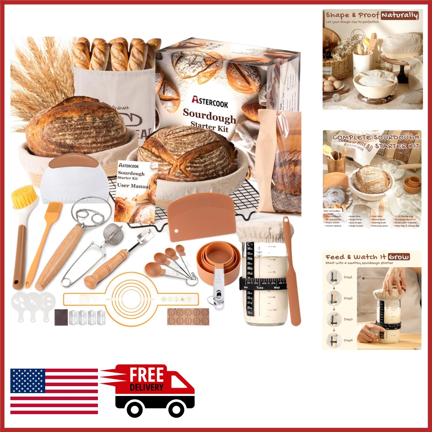 Sourdough Baking Kit with Banneton Baskets, Tools, and Stencils for Beginners