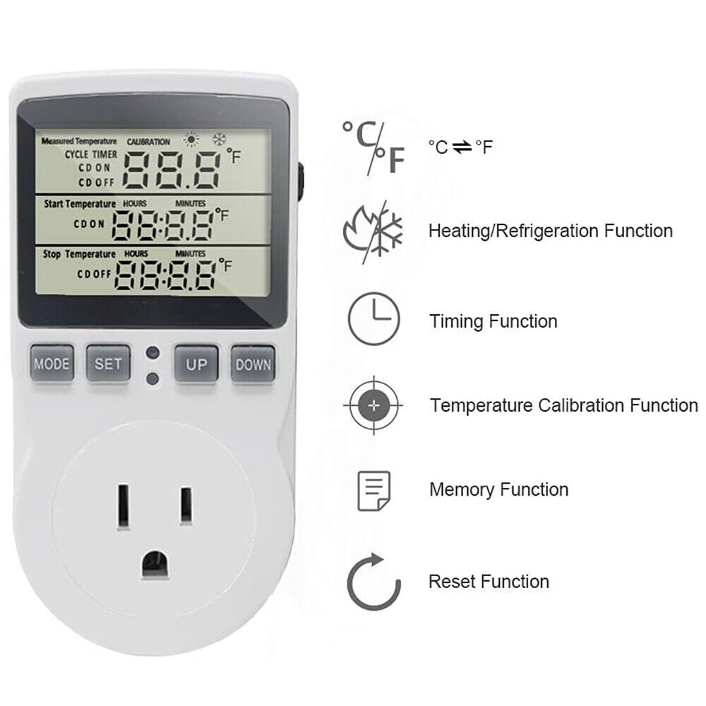 Digital Thermostat Outlet Plug Temperature Controller Heating Cooling with Probe