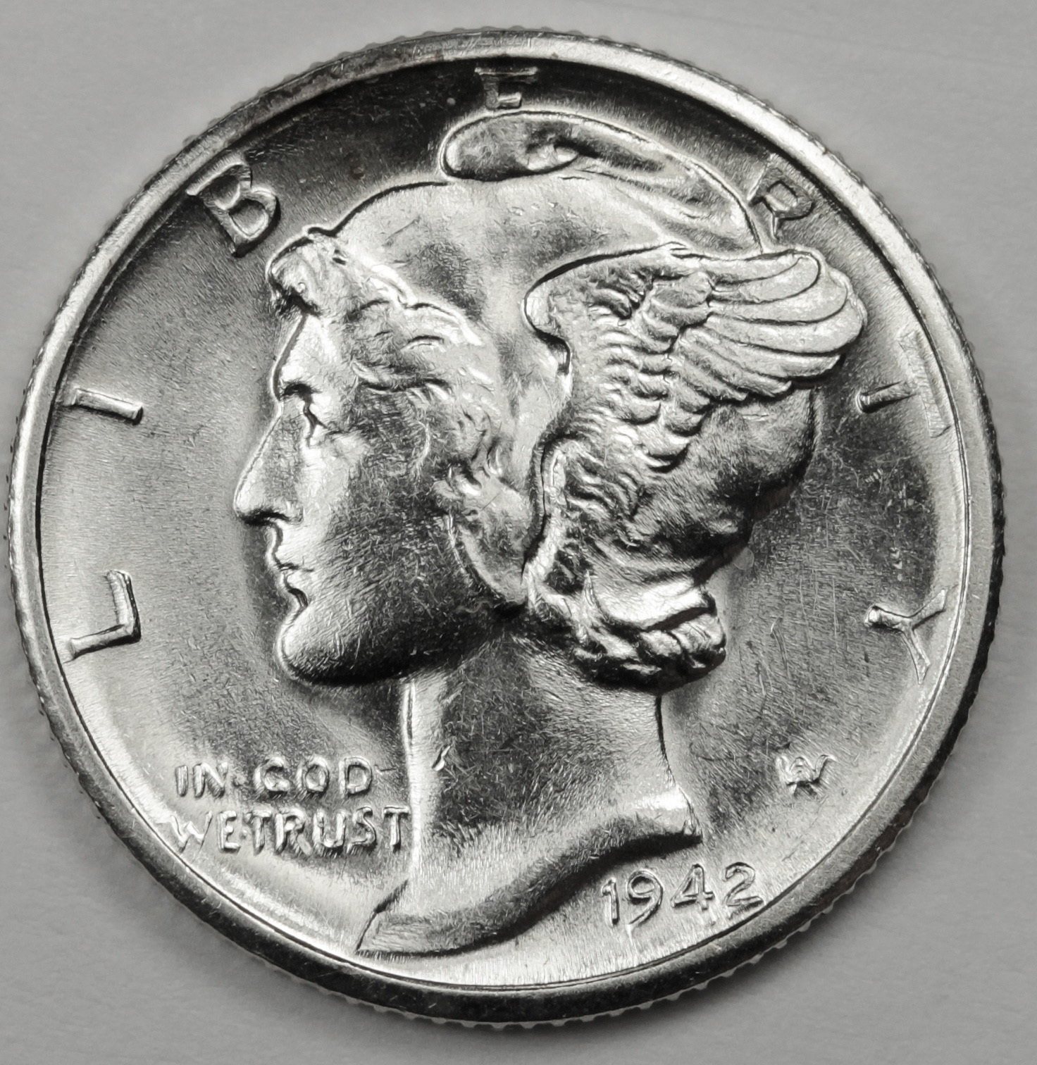 1942-d Mercury Head Dime. 100% Full Separated Horizontal Bands. Choice BU. (Inv.