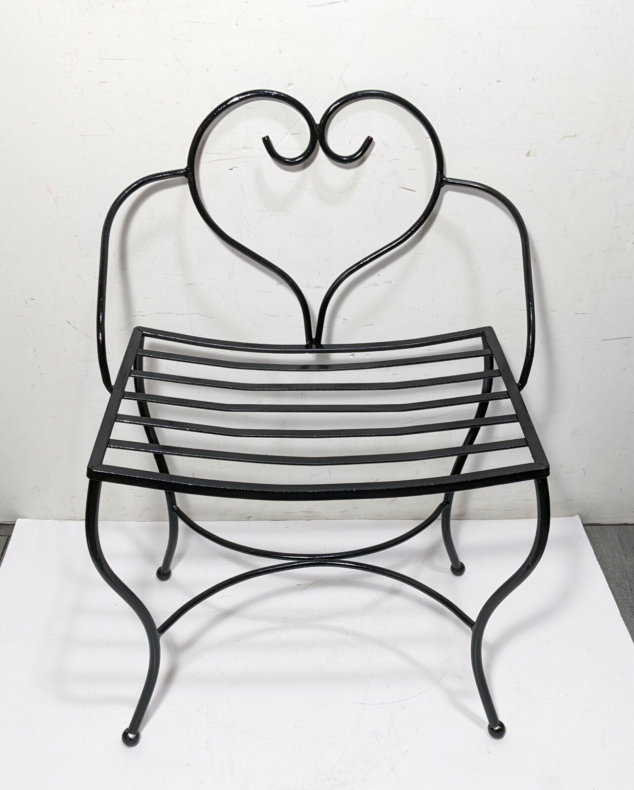 Vintage French Chic Black Heart Metal Wrought Iron Vanity Bench Stool Victorian