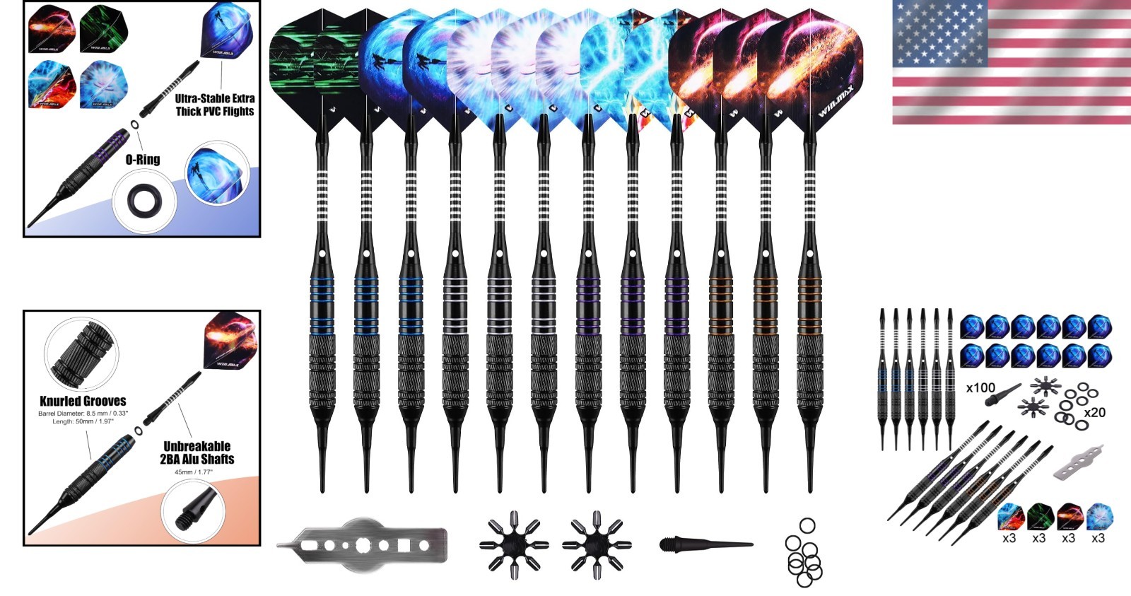 Complete 12-Piece Soft Tip Darts Set with 100 Tips & Unique Flights for Elegance