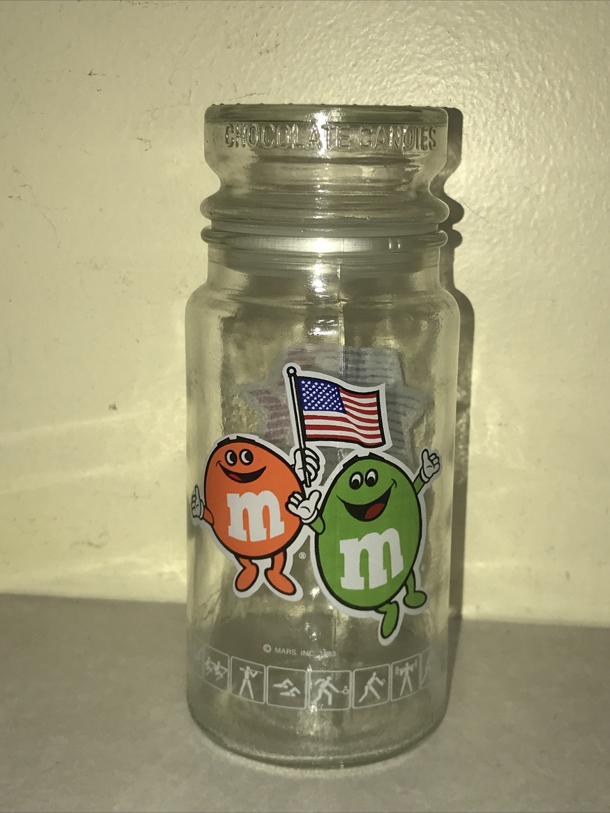 Vtg M and M's Glass Canister Candy Jar 1984 Olympics Los Angeles CA USA 8" EUC