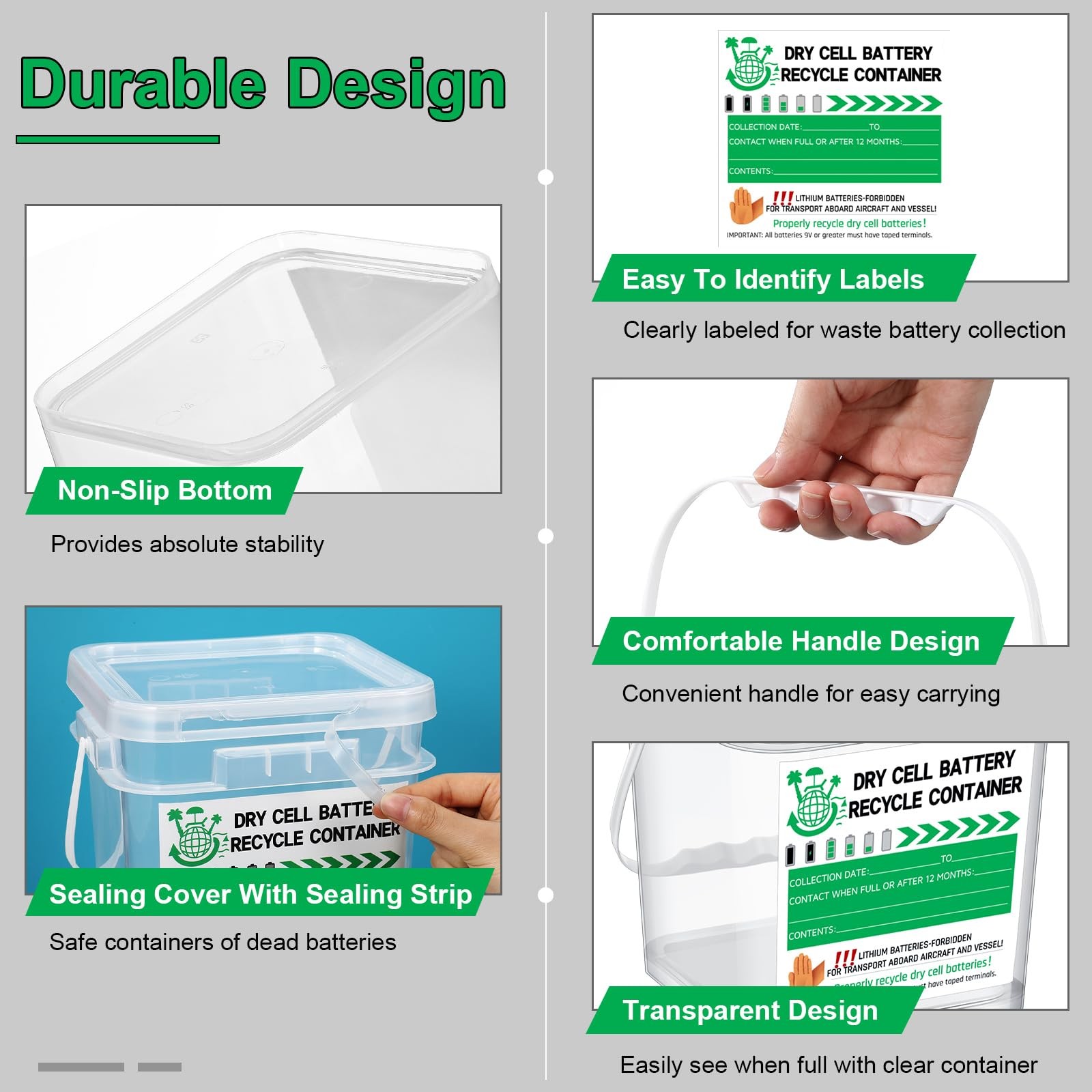 Dry Cell Battery Disposal Container 1.3 Gallon Battery Recycling Container Dr...