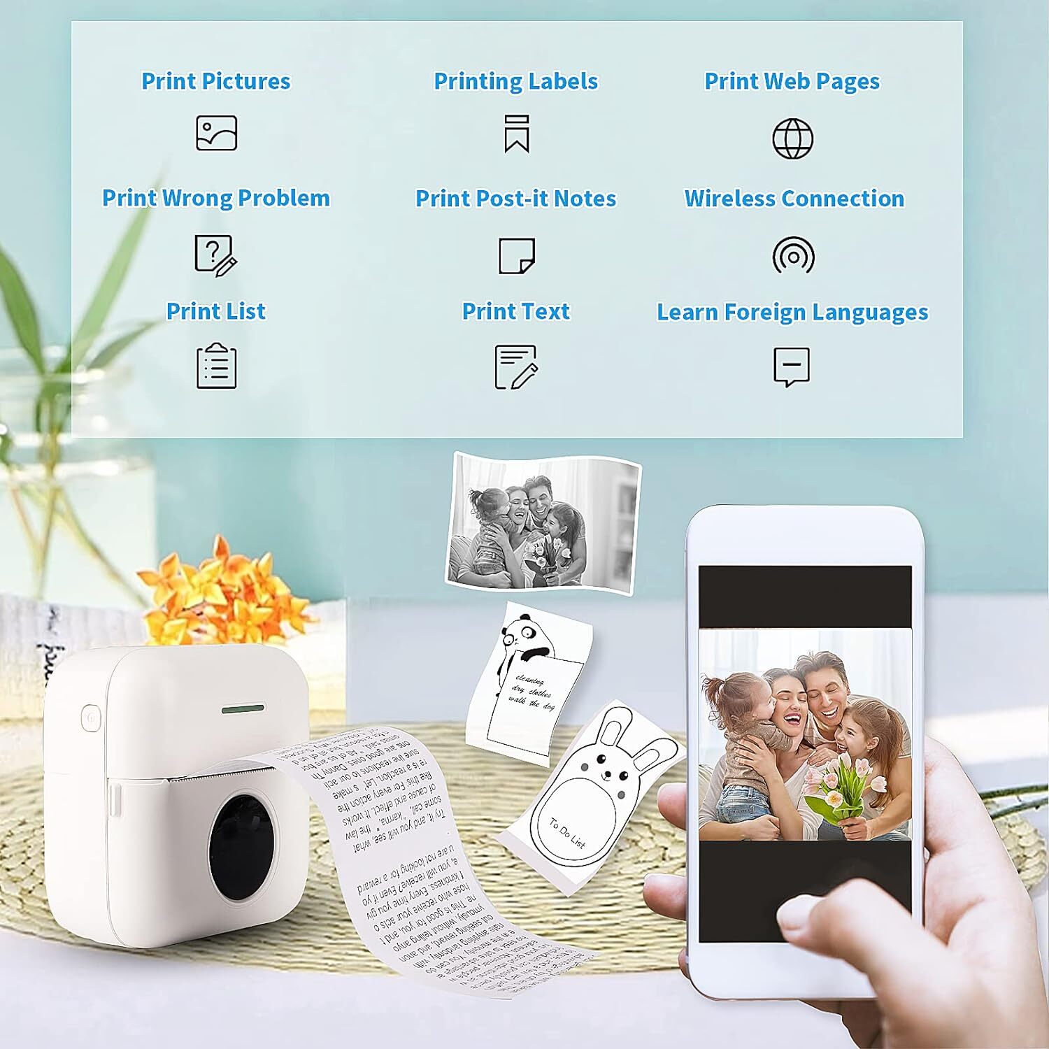 Mini Sticker Printer - Bluetooth Smart Pocket Inkless Thermal Printer w/10 Rolls