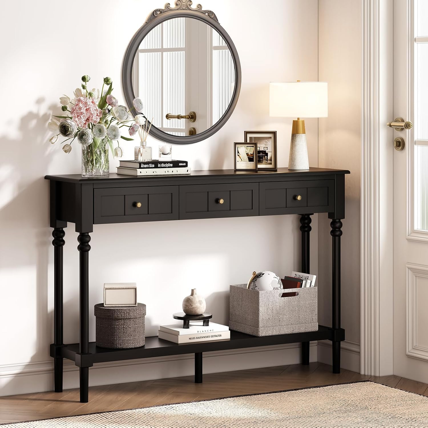 Console Tables with Drawers,43" Entryway Table with Shelf and Solid Wood Legs,Na