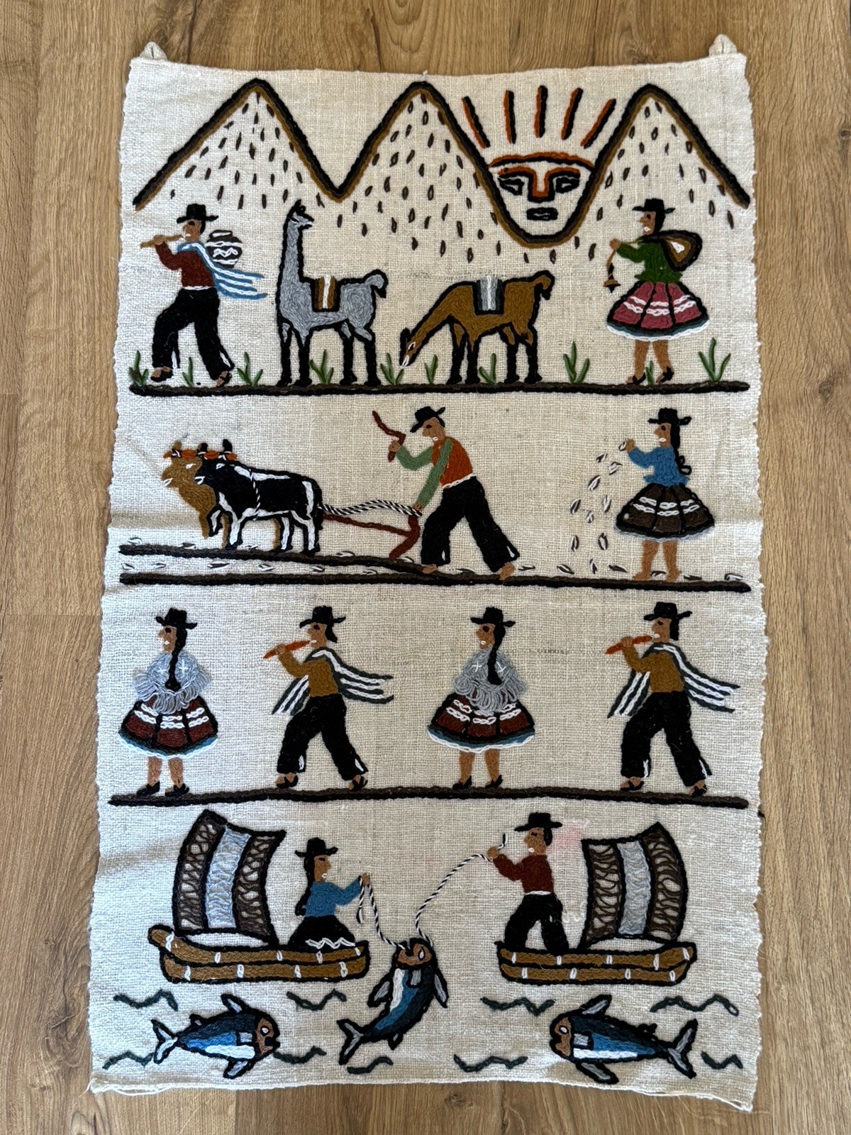 Vintage Peruvian Embroidered Wool Tapestry Wedding Celebration 31x19”