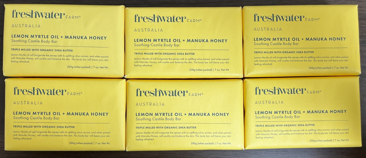 6x Freshwater Farm Australia Castile Body Bar Lemon Myrtle Oil + Manuka Honey