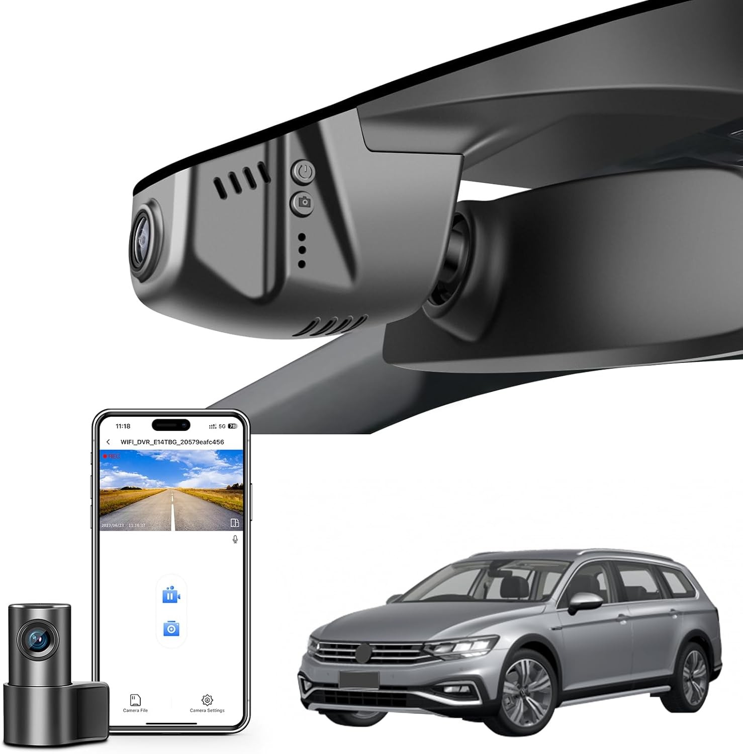 Front 4K/Rear 1080p Dash Cam for VW Passat B8 2015-2024 App WiFi Loop Recording