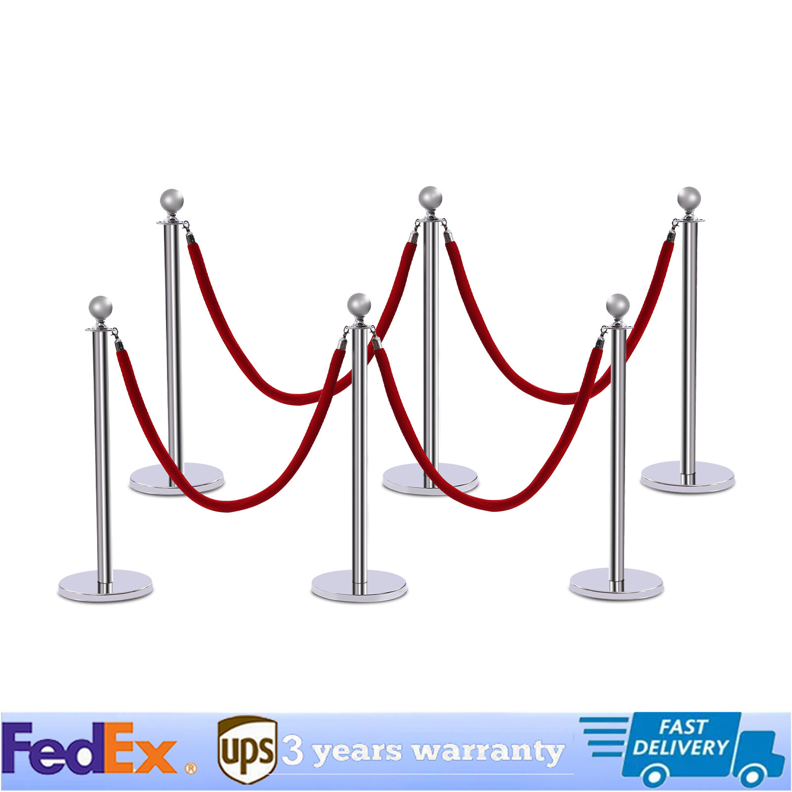 6PCS Stainless Steel Stanchion Post Set Queue Safety Crowd Control Barrier &Rope
