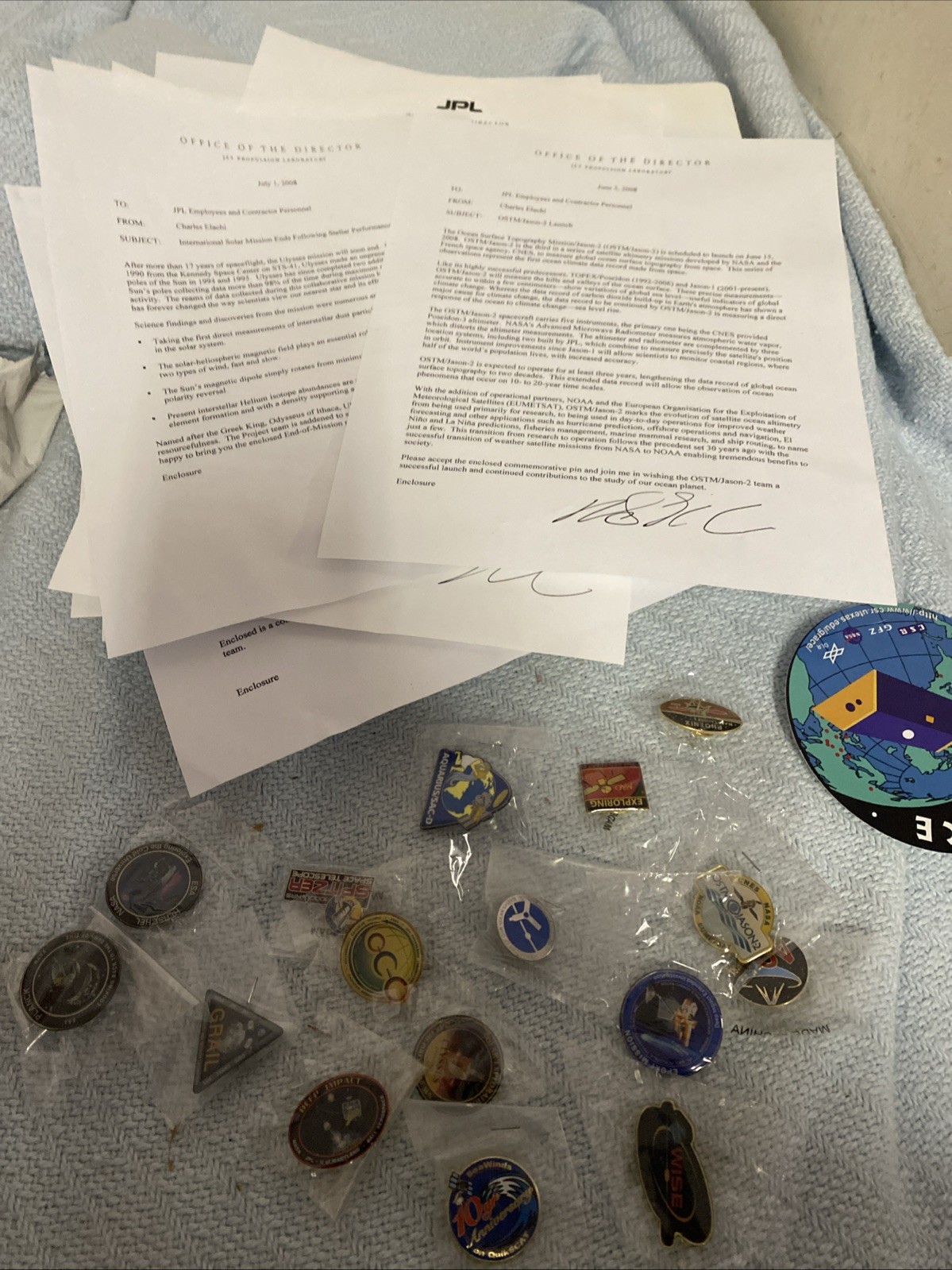 Lot Of 17 NASA Pins And Inter Office Memos Acknowledging Accomplishments Vintage
