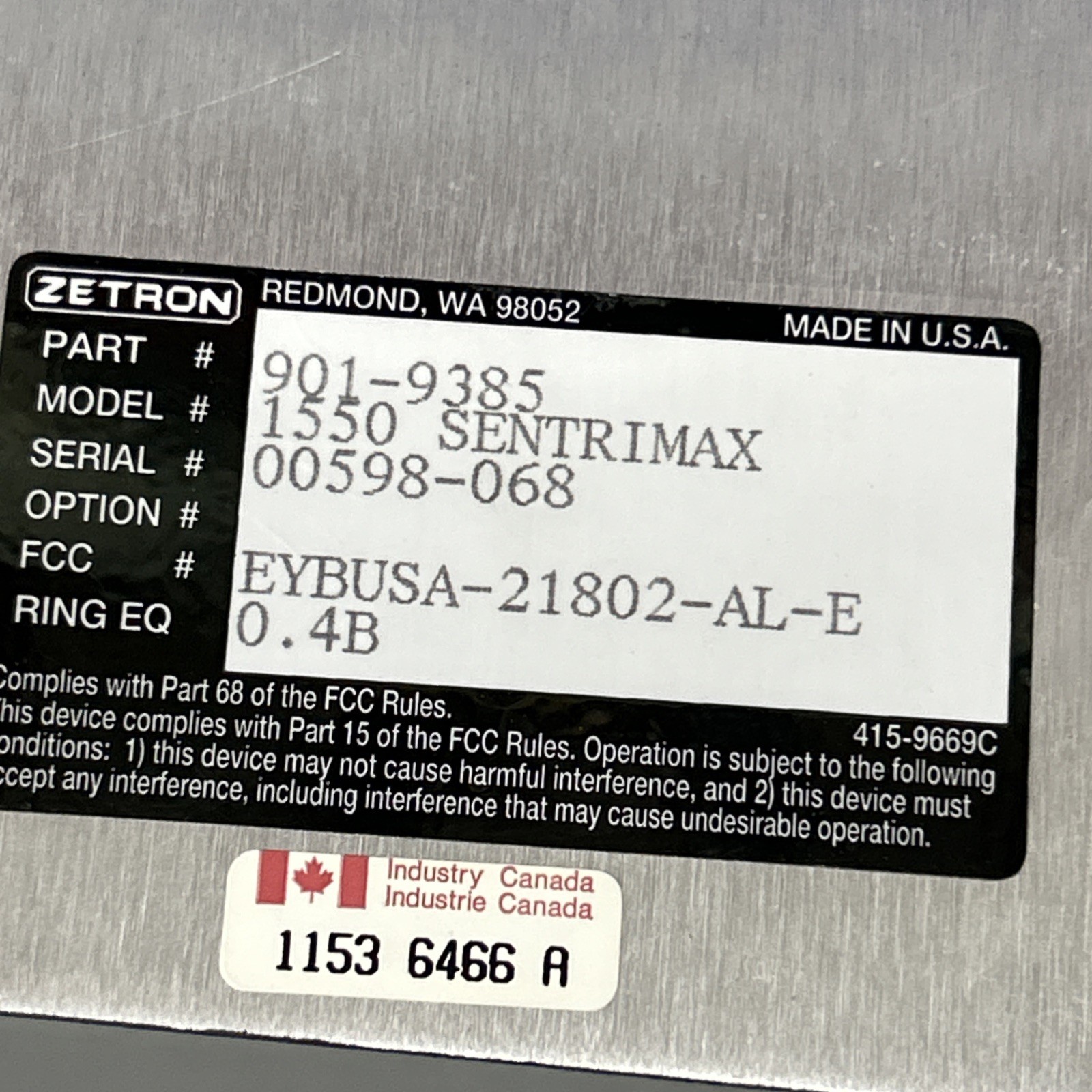 Alarm Panel Zetron SentriMax Model 1550 Untested