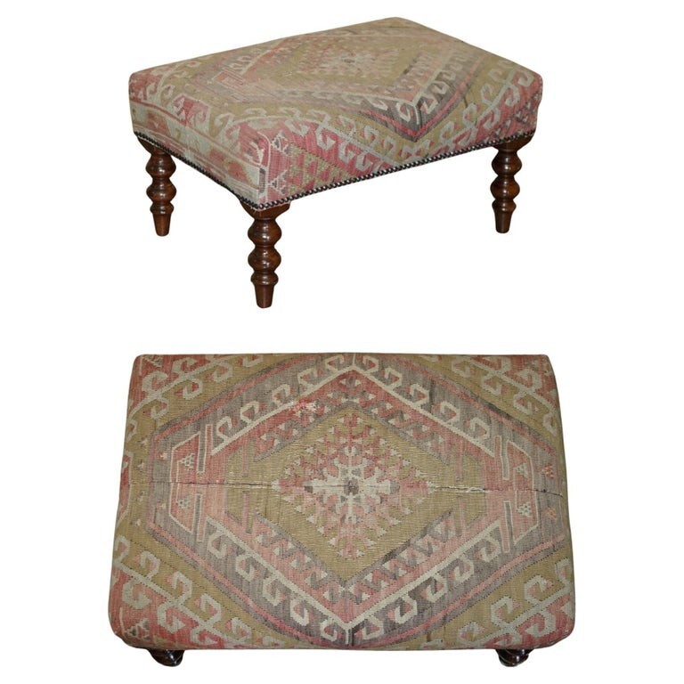 ORIGINAL VINTAGE GEORGE SMITH KILIM UPHOLSTERED FOOTSTOOL FOR 2 PEOPLE TO SHARE