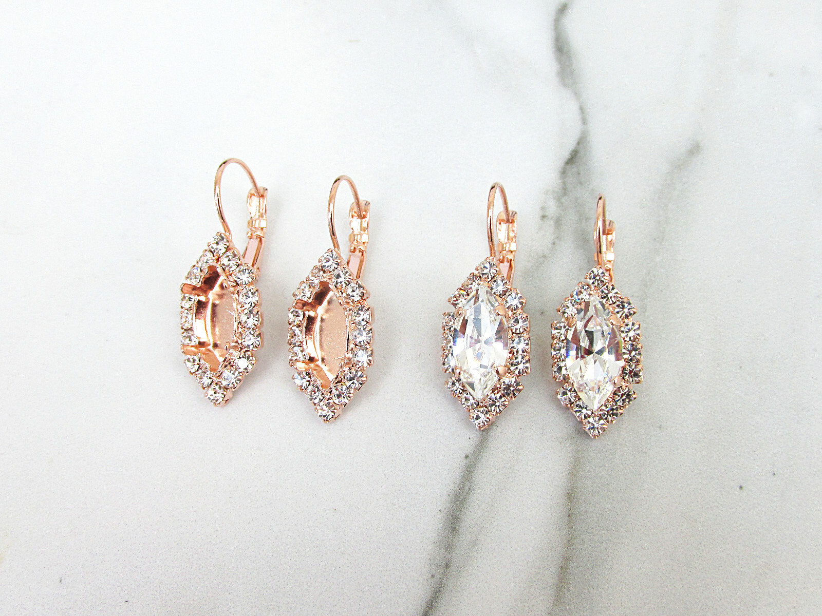 15mm x 7mm Navette | Crystal Halo Drop DIY Earring Bases | One Pair (EE 75)