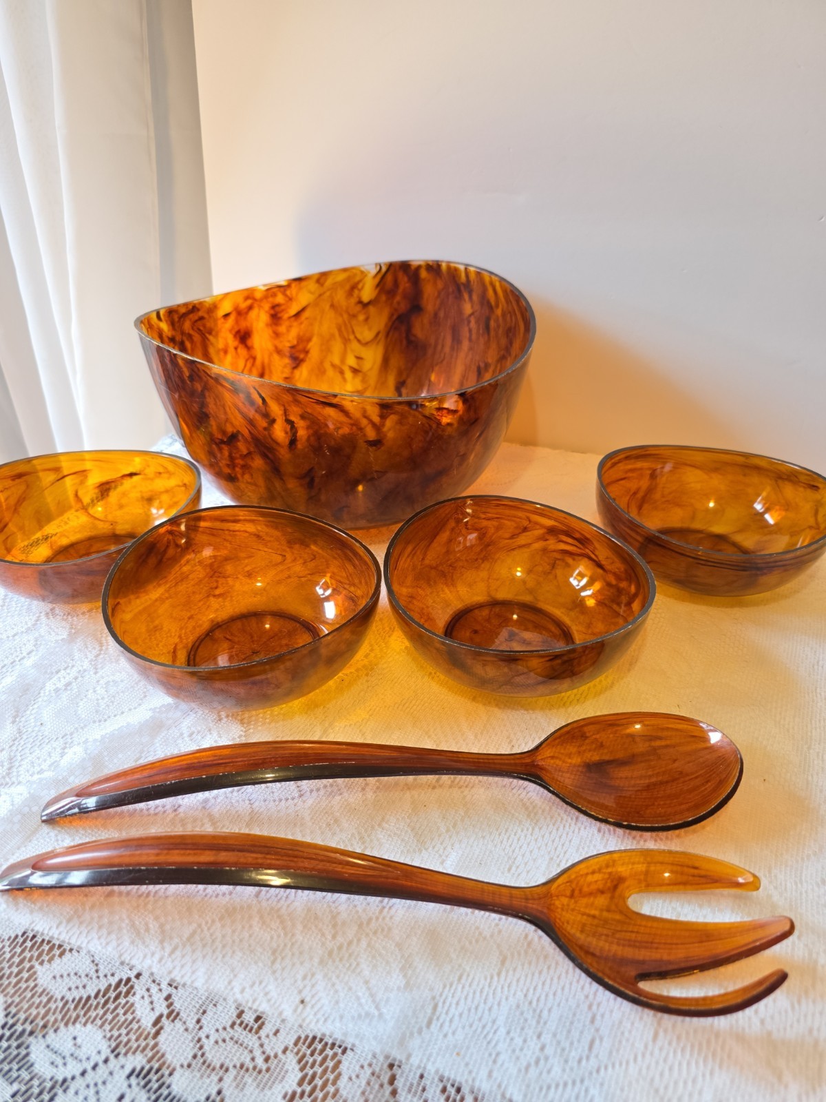 Vintage Tortoise Shell Salad Serving Set 4 Bowls MCM Acrylic Lucite 1950s 7 Pc