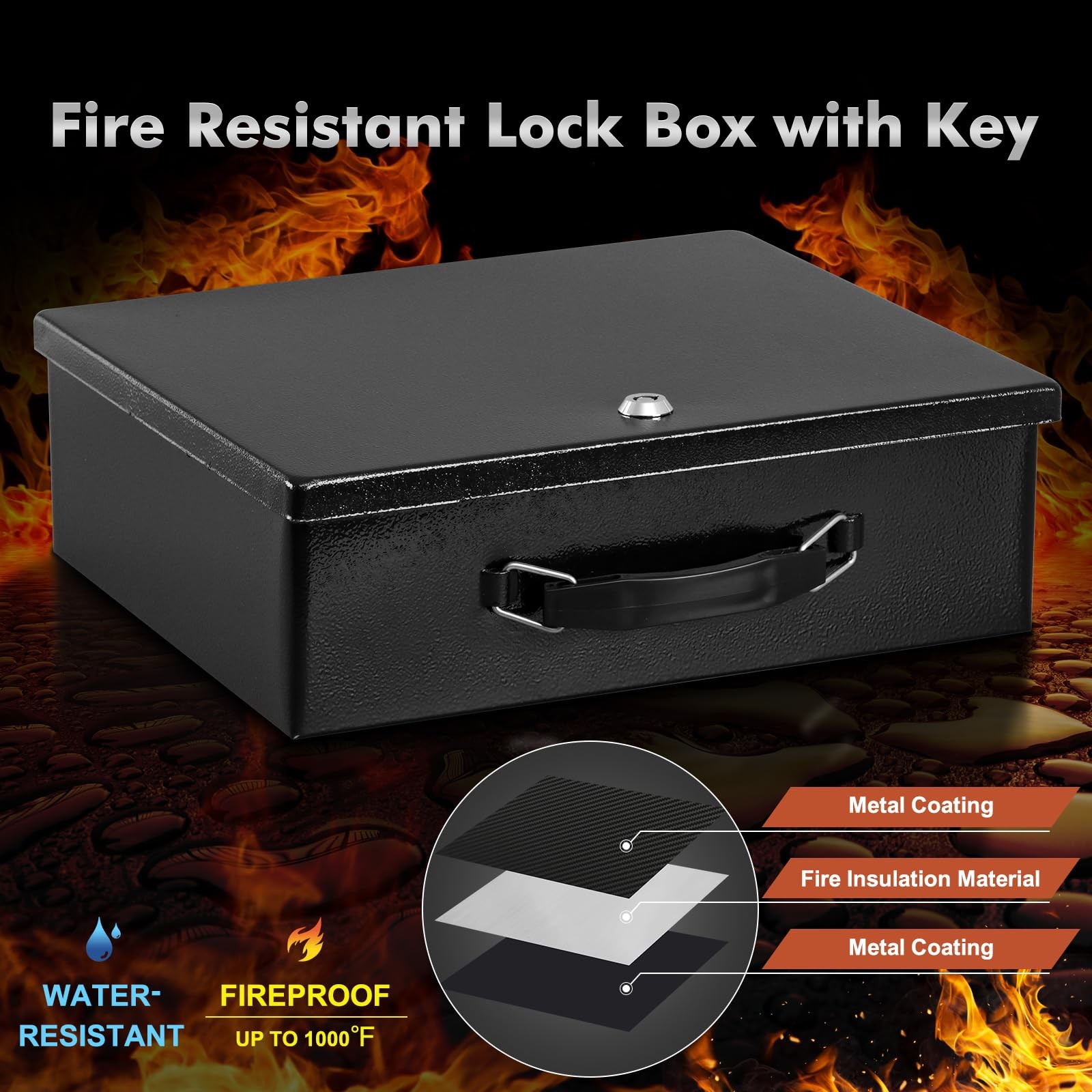 KYODOLED Fireproof Document Box with Key Lock, Small Lock Boxes Medium, Black