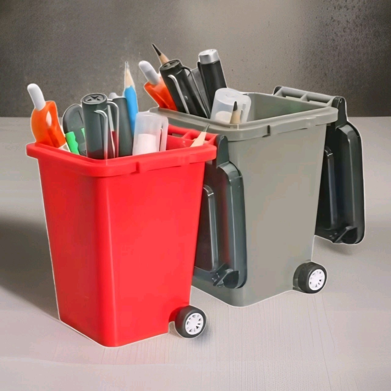 Mini Trash Can w/Swing Lid -  Wheeled - Plastic Desk Organizer Garbage Bin - NEW