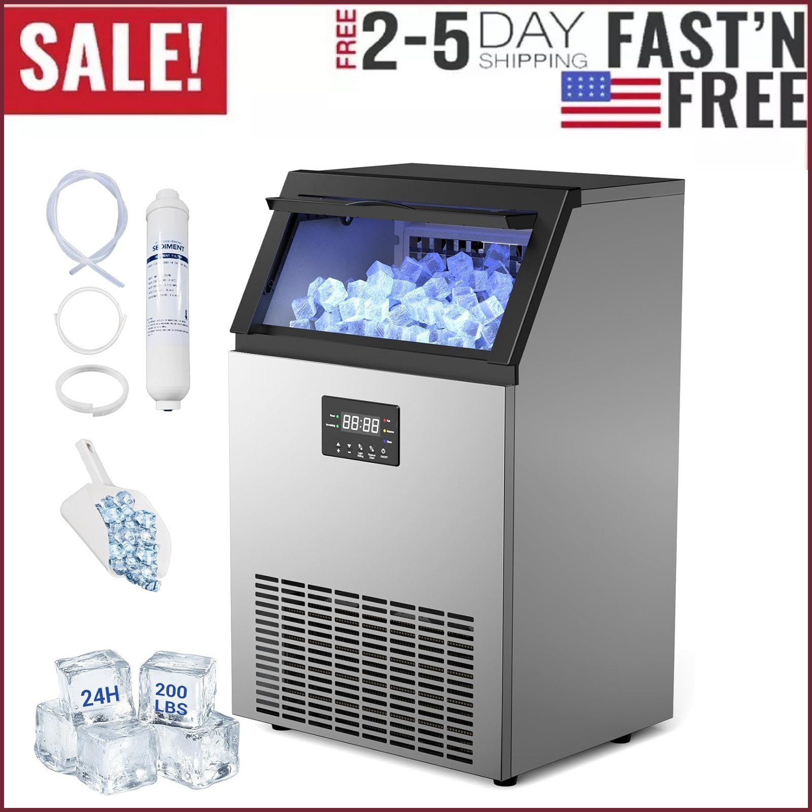 200Lbs Commercial Ice Maker Bar Restaurant Ice Cube Machine with 45lbs Storage